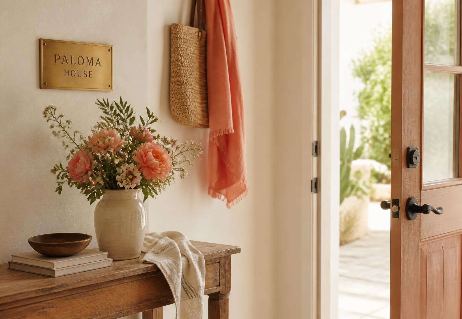 A sunlit entryway with a brass house-name plaque and fresh flowers on a wooden console