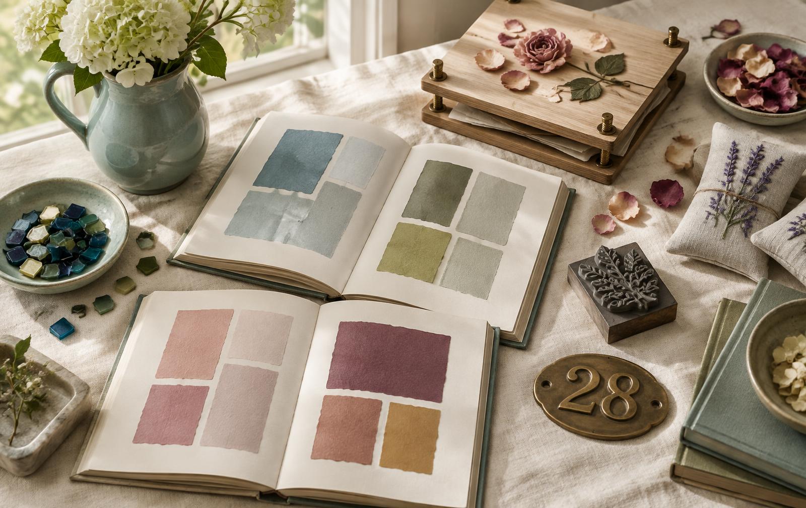 Color books, a flower press, mosaic pieces, lavender sachets, and house details arranged on a linen table
